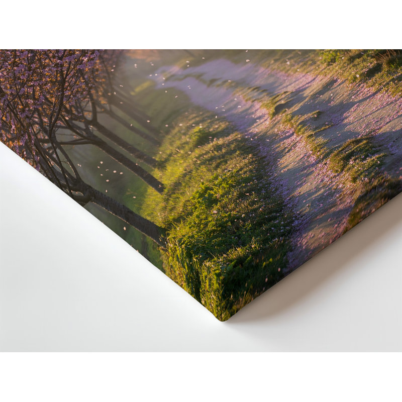 Toile, un sentier serein serpente à travers une forêt luxuriante de cerisiers, art floral, H 12 po x l 9 po