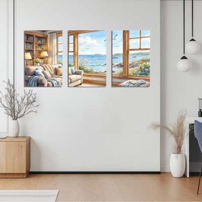 «Cozy Living Room With Ocean View», ensemble de 3 reproductions d'art sur toile tendues sur toile