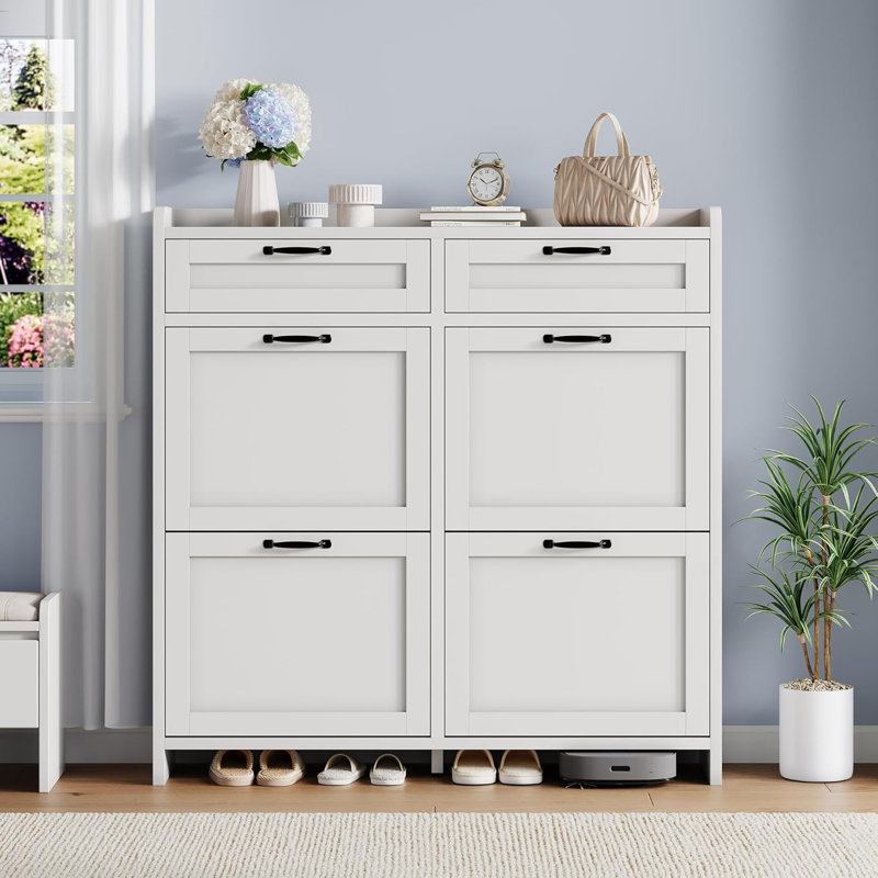 4-Tier Large Shoe Storage Cabinet with 2 Flip Drawers & Top Drawers, Freestanding Shoe Organizer for Entryway, Hallway, White