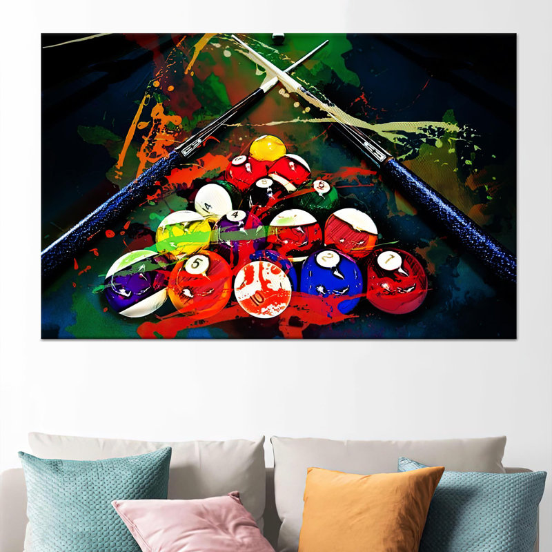 Reproduction d'art sur toile imprimée - décor de thème de billard en verre moderne, toile noire encadrée 1P