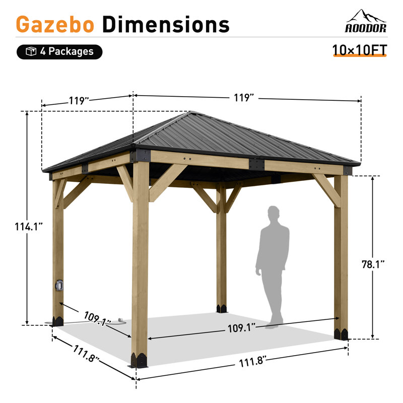 10 pi. L 10 pi. D Pavillon de jardin en bois, Noir