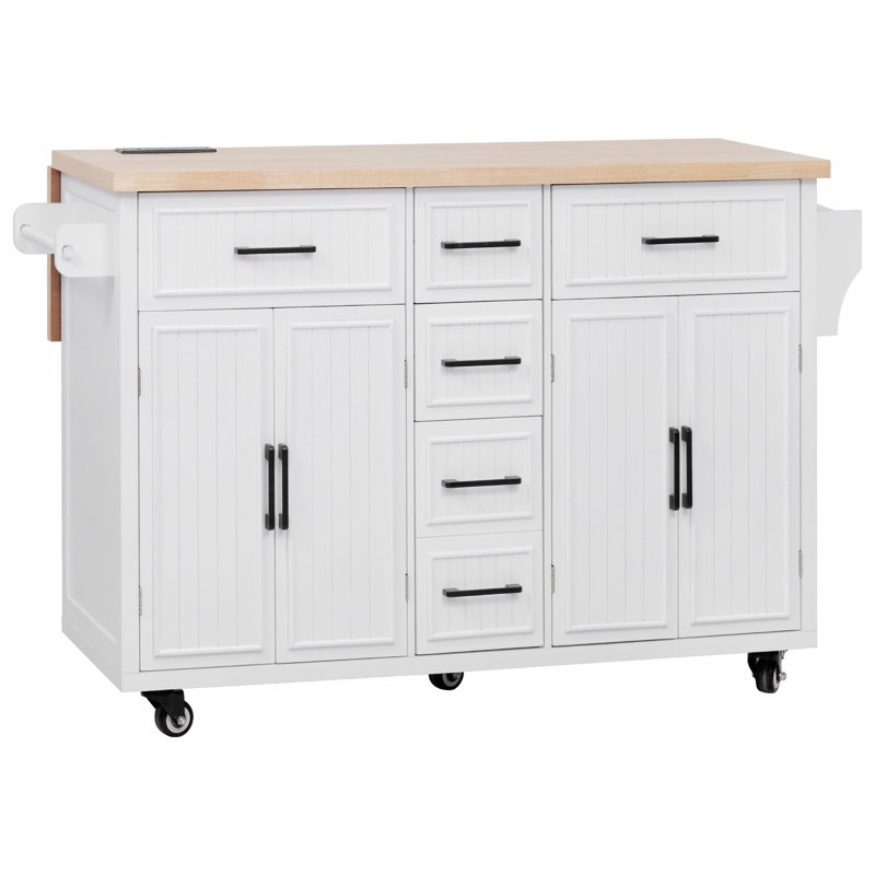 56.5'' Kitchen Island with Drop Leaf, Power Outlet, Embossed Vertical Stripe Rolling Kitchen Cart on Wheels with 4 Doors , 5 Deep Drawers and Adjustable Shelves, for Kitchen, Dining Room, White