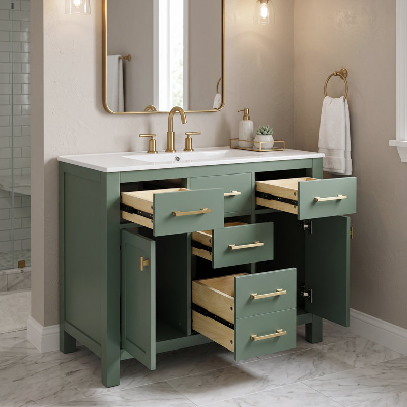Meuble-lavabo moderne vert sur pied de 91 cm (36 po) avec lavabo en céramique, structure en bois massif, 4 tiroirs et 2 armoires de rangement. Robinetterie non incluse.