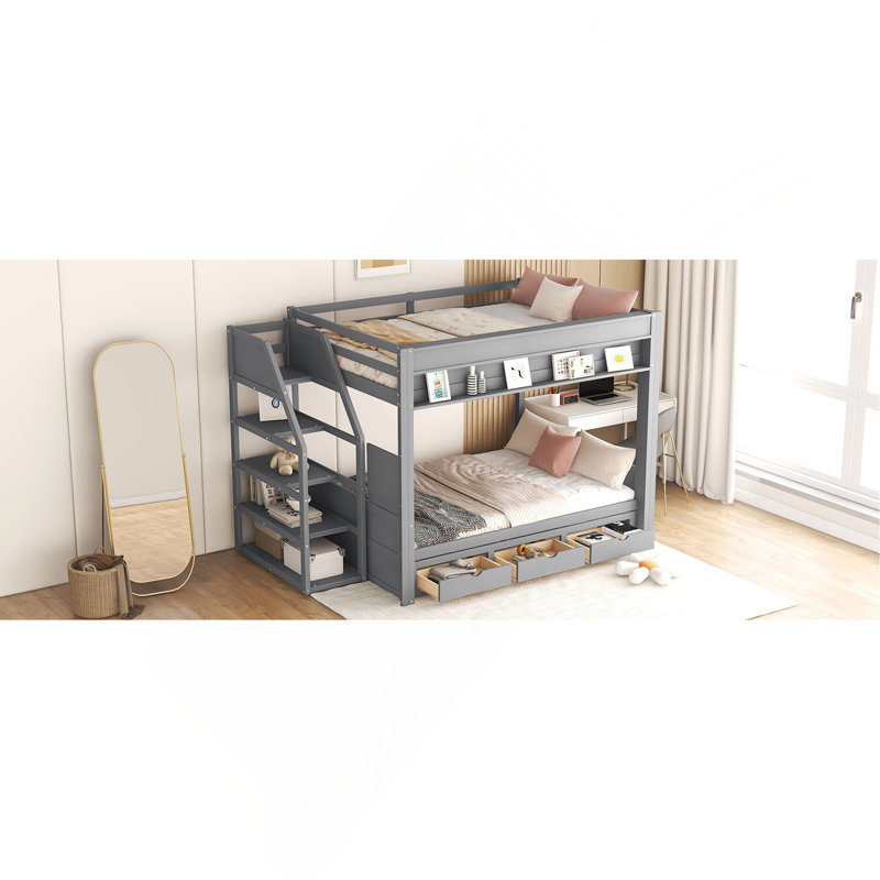 Lit superposé convertible en bois avec escalier de rangement, table de chevet et 3 tiroirs