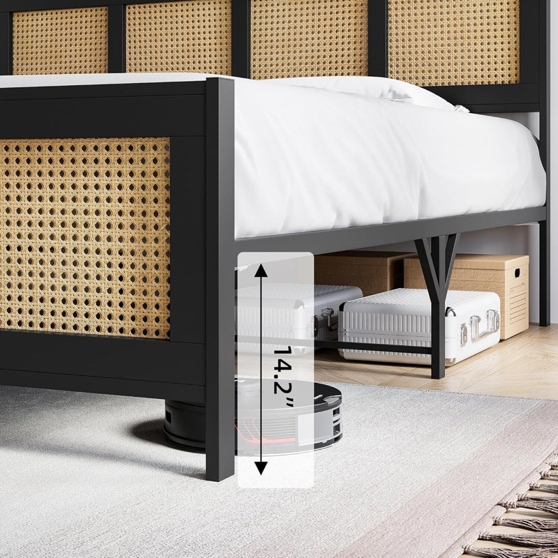 Queen Black Wood and Rattan Platform Bed Frame with Headboard