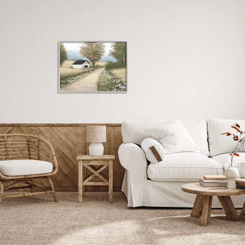 «Subtle Cottage Path» encadré sur bois par Michael Macron, Cadre flottant métallique doré, H 24 po x l 30 po x P 1,5 po