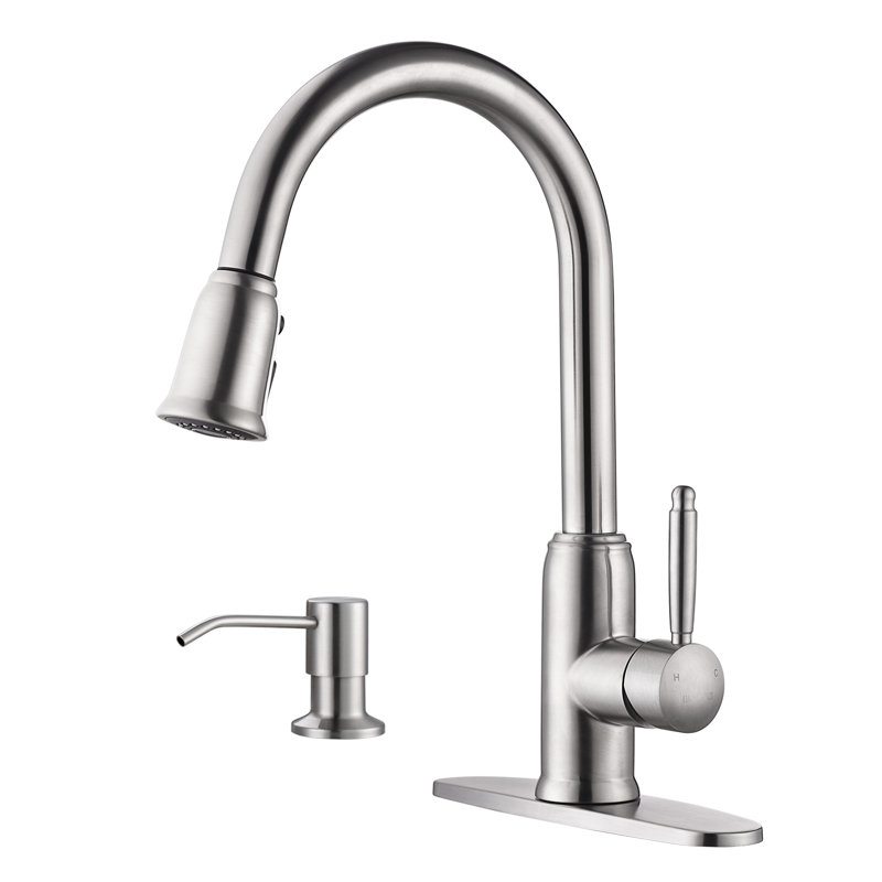 Brushed Nickel Stainless Steel Pull-Down Kitchen Faucet with Soap Dispenser