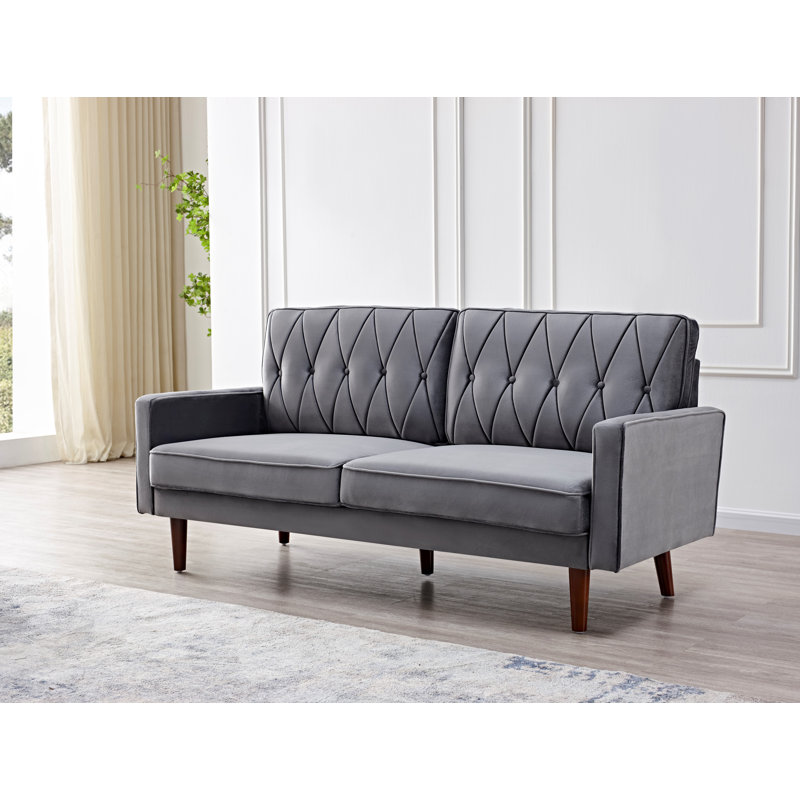 Petit canapé à dossier coussiné en velours, Velours gris, H 31,5 po x l 57,5 po x P 33,5 po
