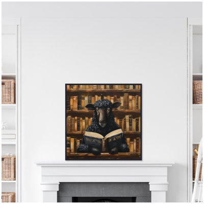 Traditional Black Sheep Reading in Vintage Library by The Creative Bunch Studio Framed Canvas Wall Art Print