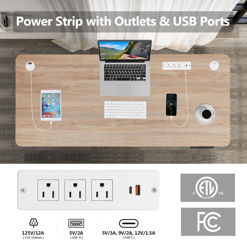 70.87" Electric Height Adjustable Standing Desk With 4 Lockable Casters, 2 Hooks, Big Mouse Pad And Outlets, Beige/White