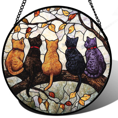 6,3 x 6,3 pouces en vitrail suspendu 5 chats sur une branche