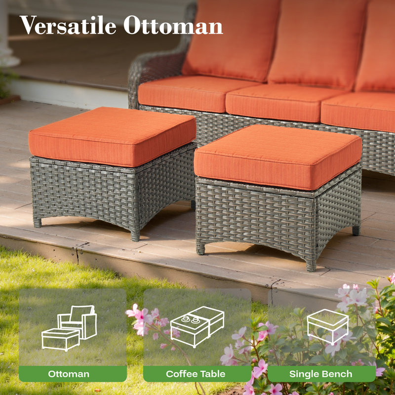 5 - Person Wicker Outdoor Conversation Set, Patio Swivel Chair Set with Fire Pit and Cushions, Orange Red Cushion/Brown Frame
