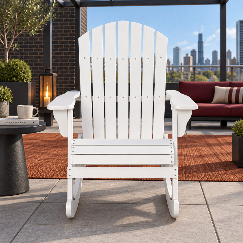 Fauteuil Adirondack rustique à dossier haut et lattes en bois, idéal pour se détendre au jardin ou sur la terrasse., Blanc
