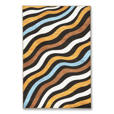 Tapis noir tissé à motif ondulé lavable Mosso