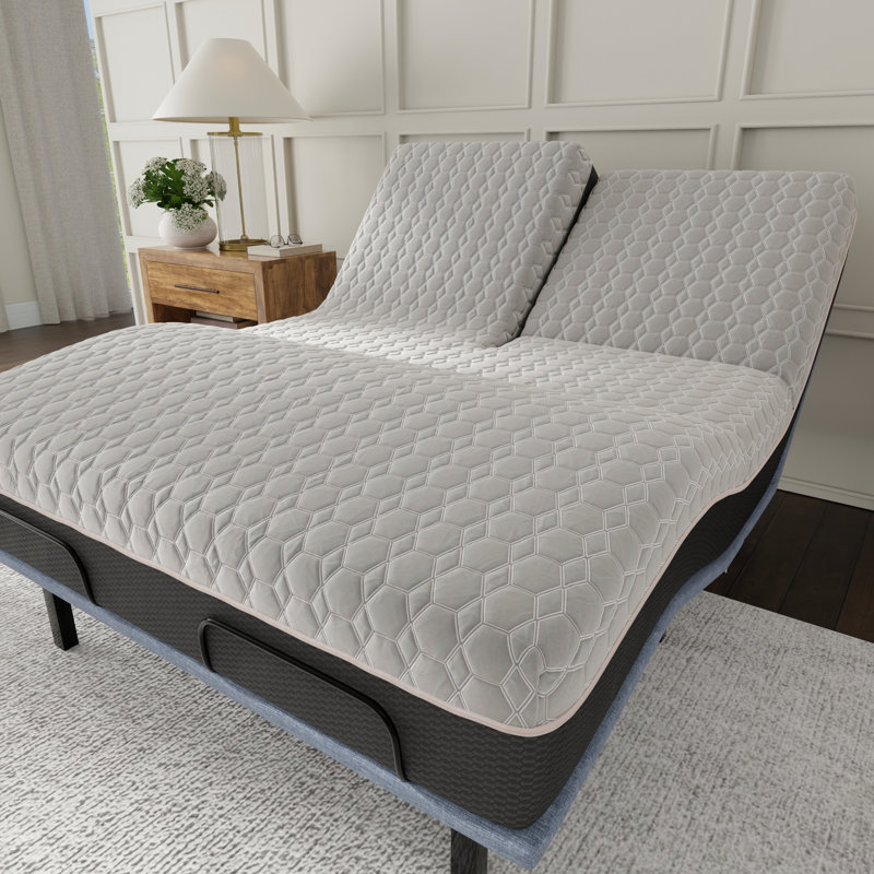 Lit très grand divisé, matelas de 12 po, cuivre, housse de refroidissement, couche souple de 1 po, ressorts ensachés de 6 po, support à haute densité, tissu noir et gris à changement de phase, noyau de ressorts, base de 2 po, mousse