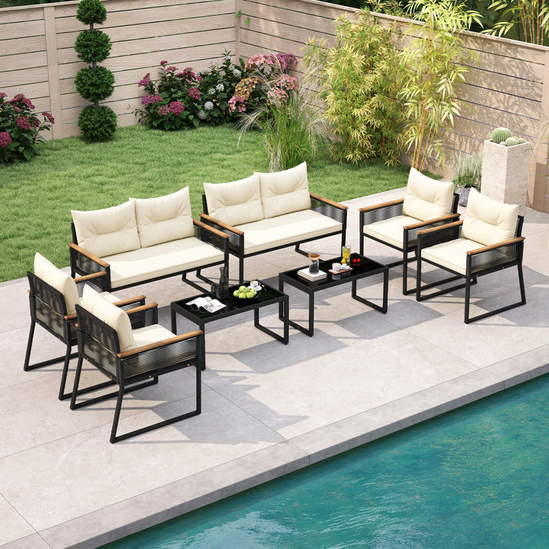  8 Pcs Patio Furniture Set With Tempered Glass Coffee Table Pe Wicker Rattan Chairs