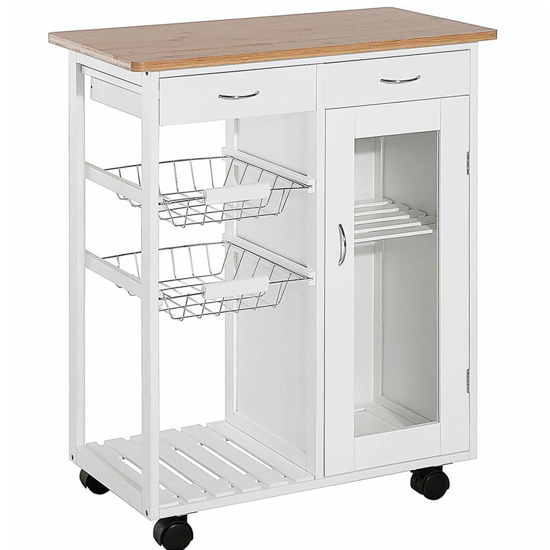 Îlot de cuisine roulant de 28 pouces avec rangement, avec plateau en bambou massif, paniers grillagés, armoires de porte et tiroirs, blanc