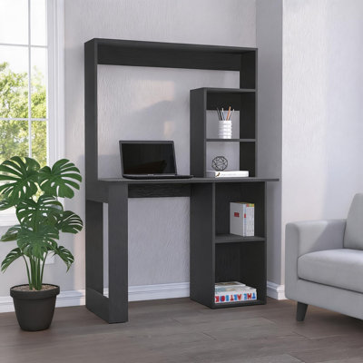 Compact Computer Desk with Hutch and Shelves, Engineered Wood, Sleek Black, 38.8 W x 17.7 D