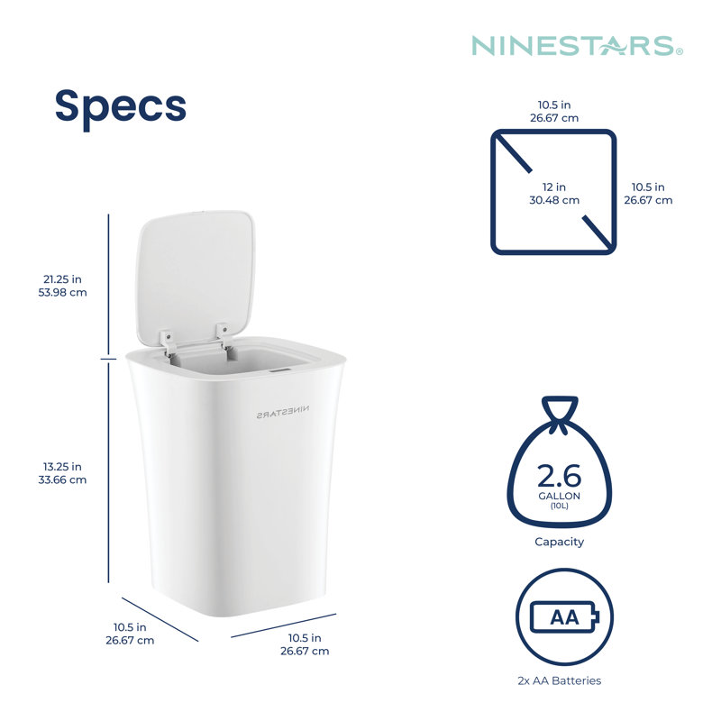 Ninestars 2.6 Gallon Automatic Motion Sensor Trash Can for Bathroom  Bedroom Office 10L, White, DZT-10-11