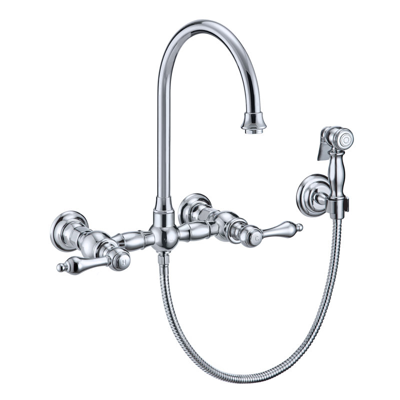 Whitehaus Collection Wall Mount Faucet with Gooseneck Swivel Spout and Solid Brass Side Spray, Polished Chrome, Lever Handles