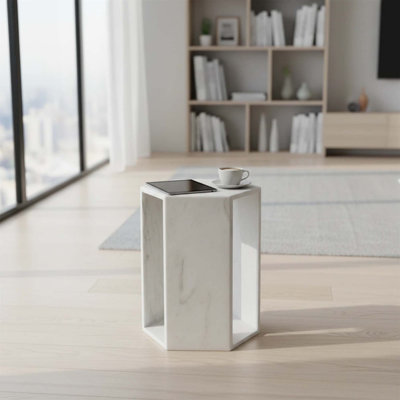 Table d'appoint hexagonale en marbre avec finition mate aiguisée, design minimaliste moderne pour le décor du salon et de la chambre à coucher
