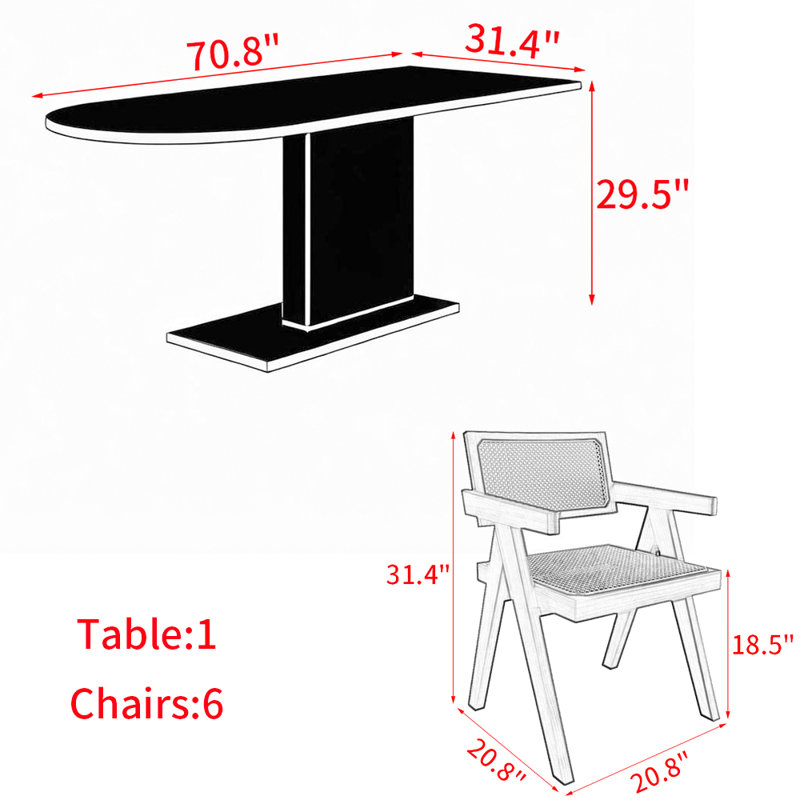 Ensemble de table à manger en bois massif de style français rétro., H 29,5 po x L 70,8 po x l 31,4 po, 7