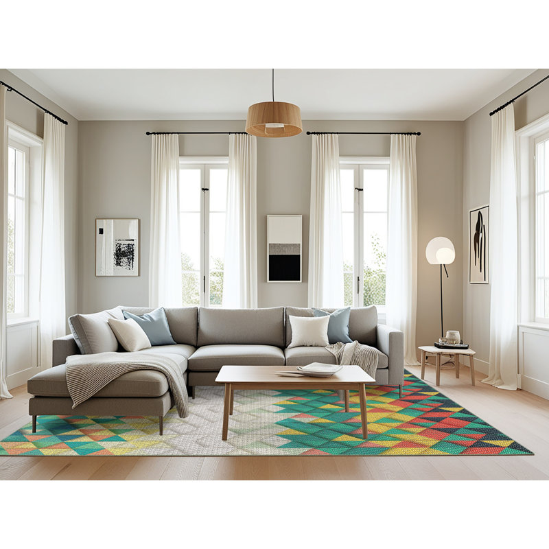 Tapis géométrique vert / jaune / crème, Rectangle 8 pi x 10 pi