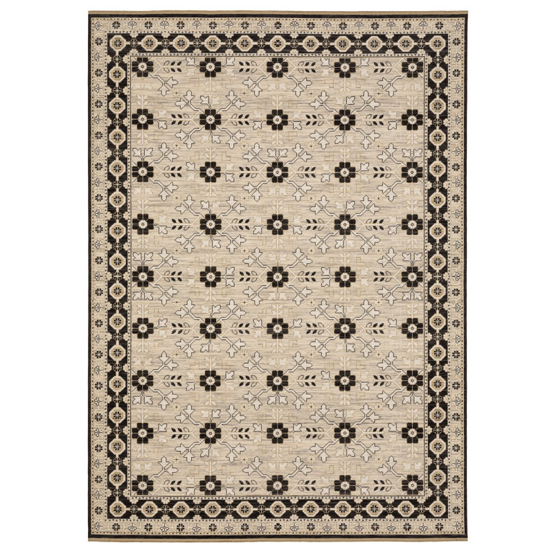 Kuester Traditonal Bordered Floral Beige/ Black Wool Blend Area Rug, Rectangle 2' x 3'