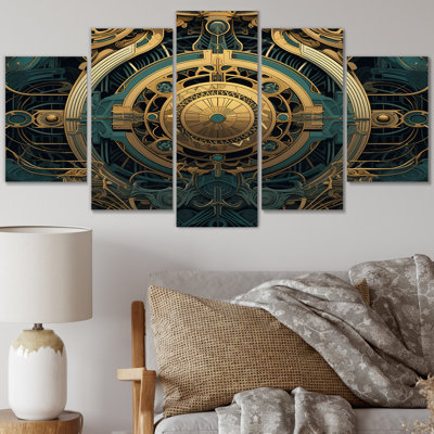 Mandala de l'ancienne Atlantide en or et bleu rétro I - Boho Mandala Wall Art Living Room - 5 Panels