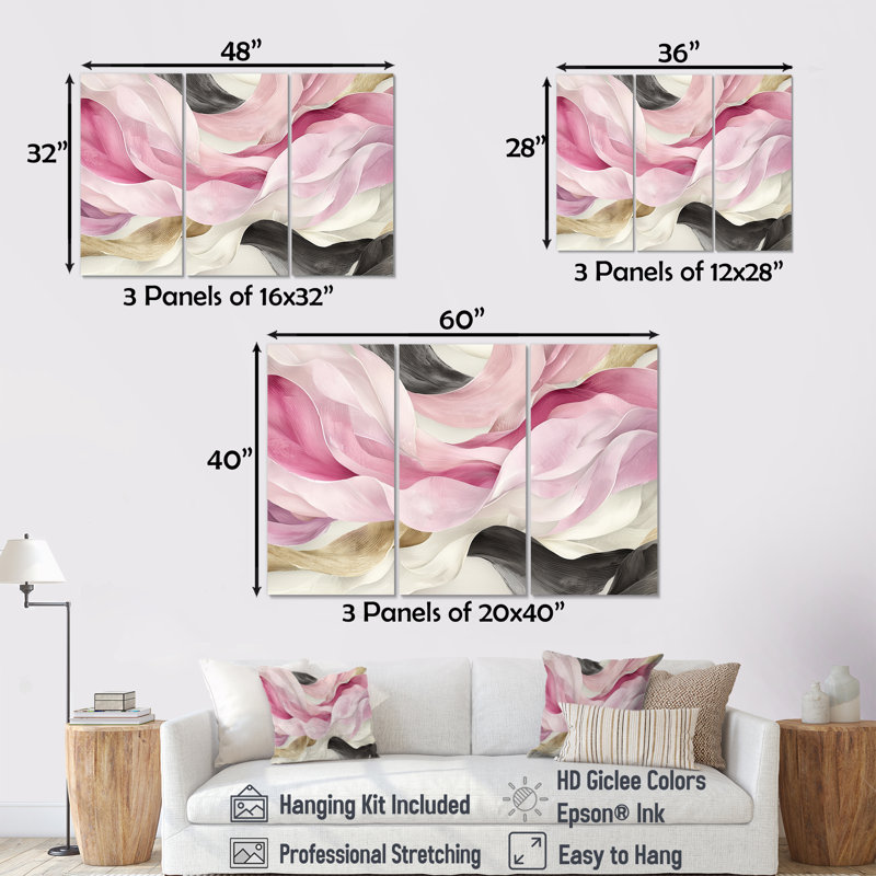 Ensemble de décoration murale en marbre rose et blanc captivant - vagues modernes abstraites, Toile tendue