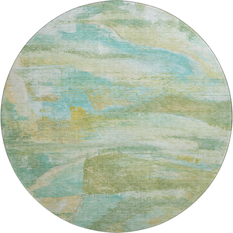 Premium Machine Washable Mayfield AMF2039 Abstract Rug, Green, 8' Round