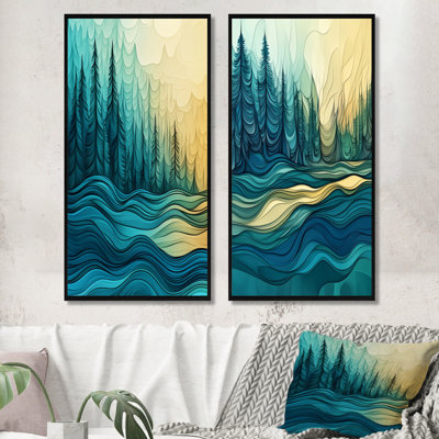 «Enchanted Pine», art mural sur toile, forêt de pin enchantée verte avec ondulations de lac