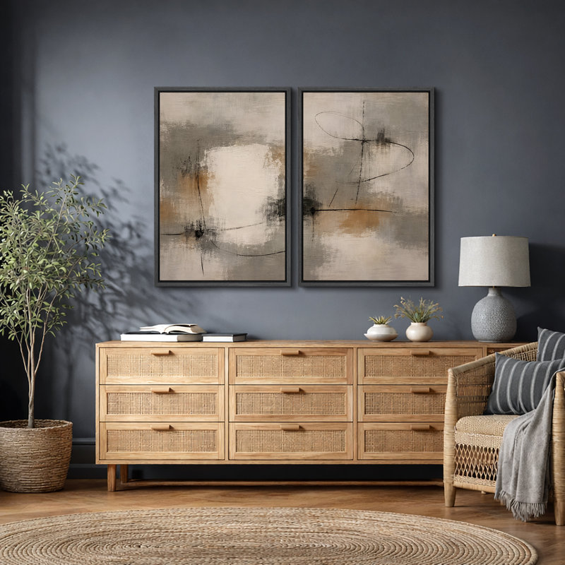 Soft Neutral Abstract Artwork with Linear Black Accents, Living Room Pictures, Framed Canvas Giclee Print Wall Art