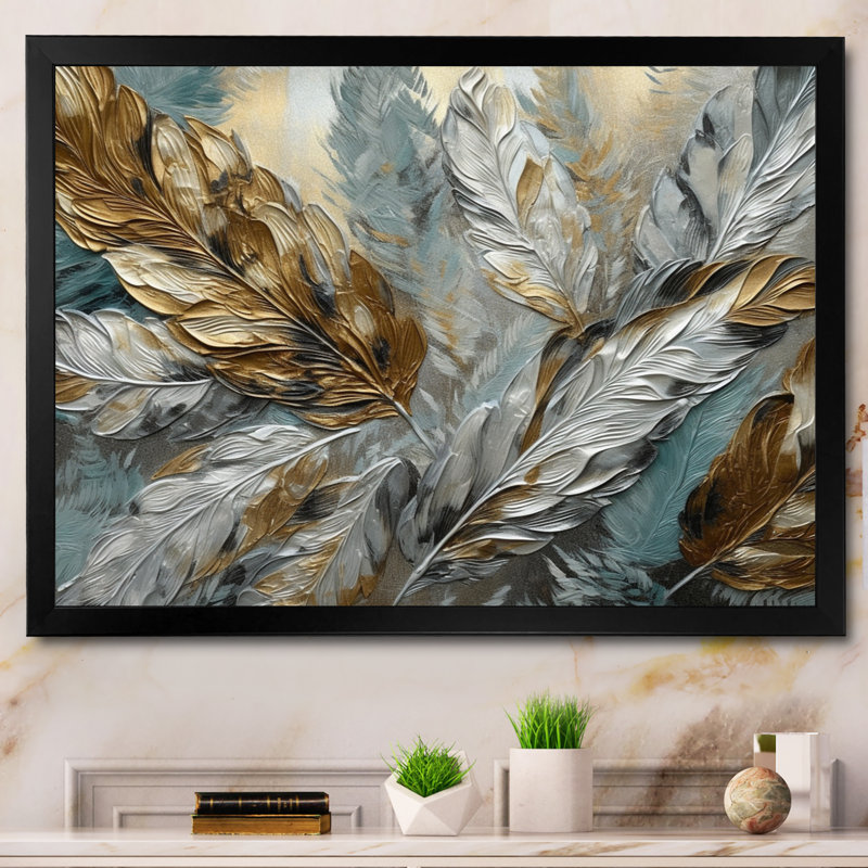 Argent et or Expressions de la liberté I - plume bohème, art mural, Cadre noir, H 12 po x l 20 po x P 1 po