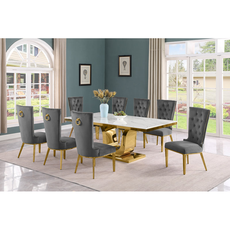 Bankhead Marble Top Pedestal Dining Set, Gray/Gold, 9