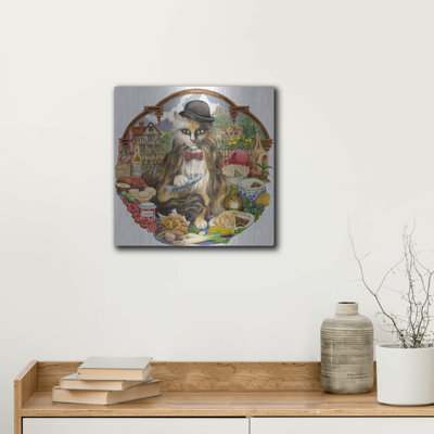  'Cat With Fish And Chips And Pie' by Gale Pitt Metal Wall Art, 12" x 12"