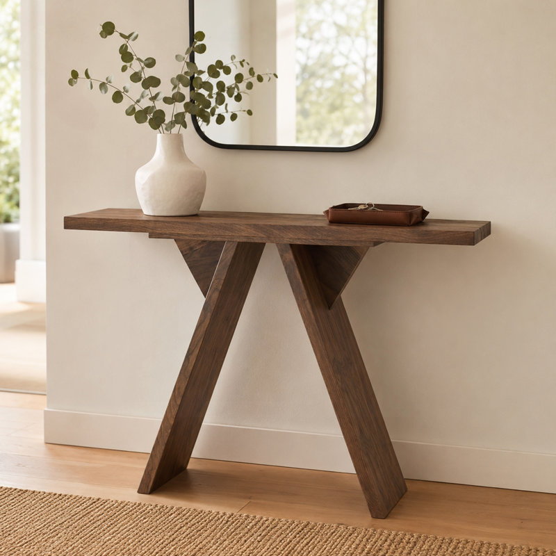 Console Mid-Century avec base en V, Noyer
