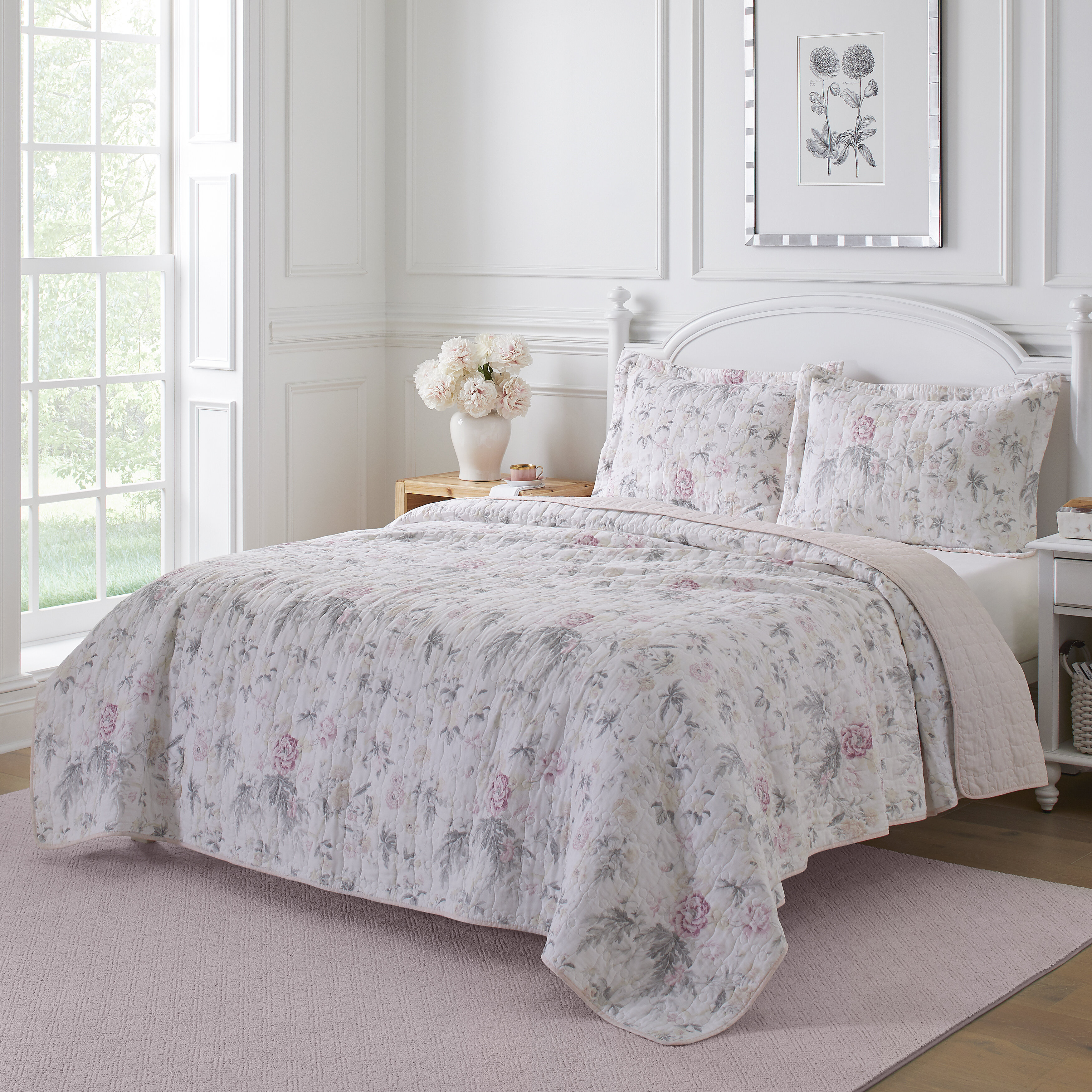 Laura Ashley Breezy Floral 100% Cotton Reversible Quilt Set