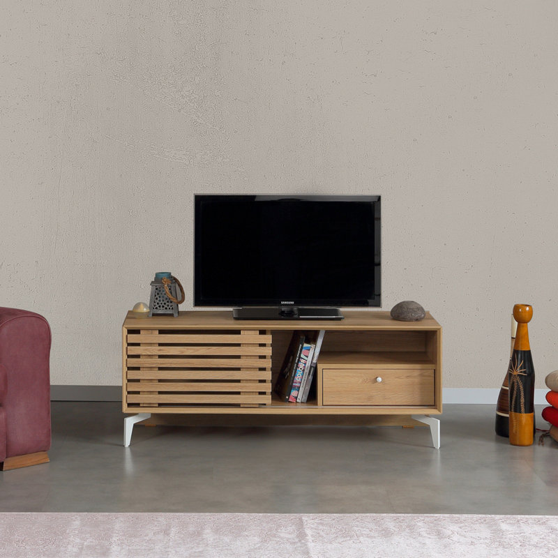Meuble télé moderne avec pieds en métal 39,4 x 19,7 x 15,8 pouces Modern Oak | 100% panneau de particules enduit de mélamine, épaisseur: 0,7 pouce | Design scandinave élégant pour le salon, solution de rangement durable et élégante