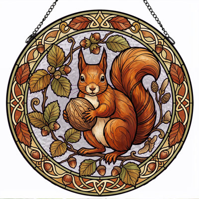 Squirrel Stained Stained Glass Window Panel，12"H