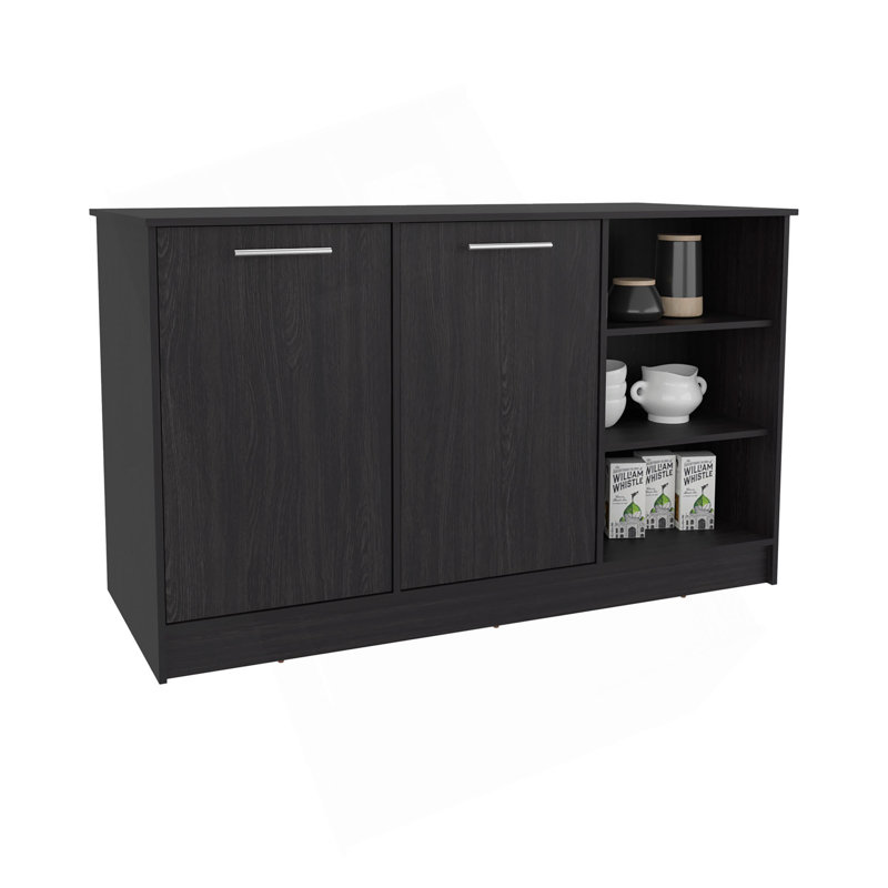 Kitchen Island Two Cabinets, Three Open Shelves, Black