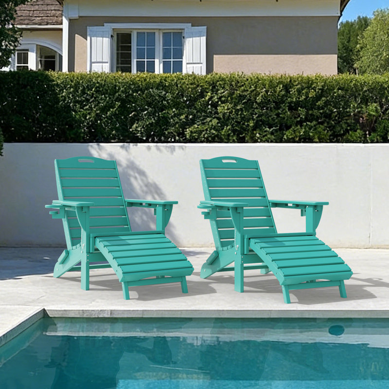 Firepit Chairs Wood Texture Foldable Adirondack Chair With Ottoman, Lake Blue