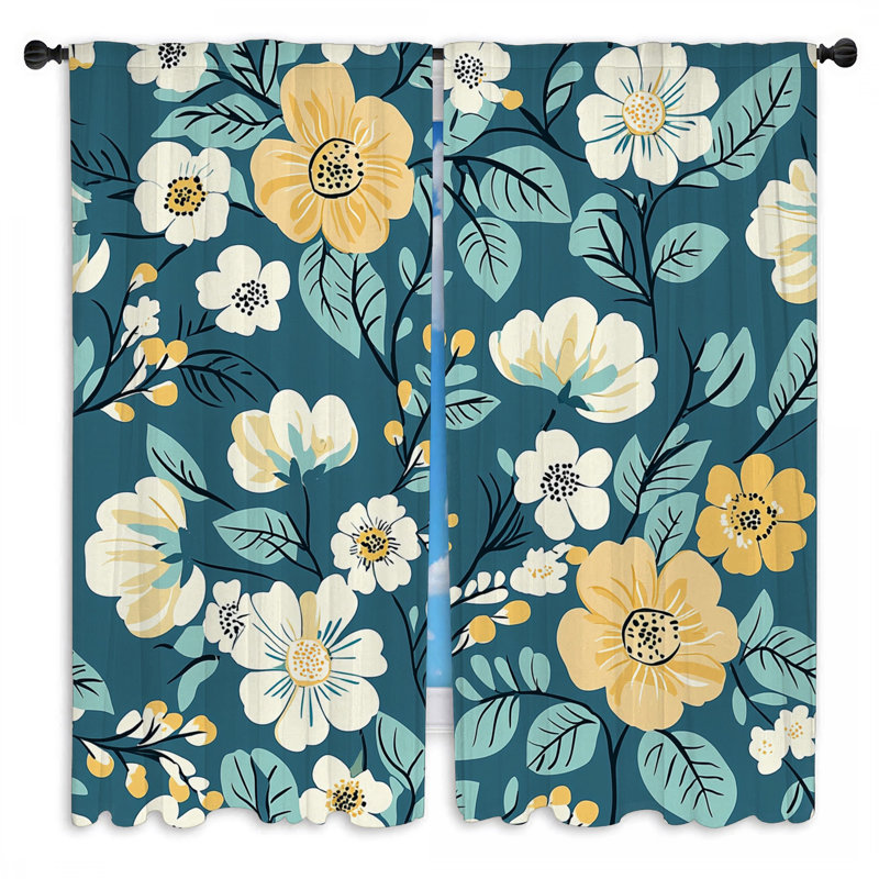 Rideaux à motif floral et drapeaux rétro - 2 panneaux, L 20 po x L 61 po