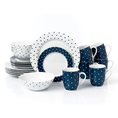 24pc Blue White Spot Dinner Set