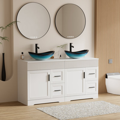 Ensemble de meuble-lavabo autoportant à double cuve 60 po avec plateau en bois manufacturé, lavabo vasque, robinet et drain Ghage, peint à la main résistant à l'eau