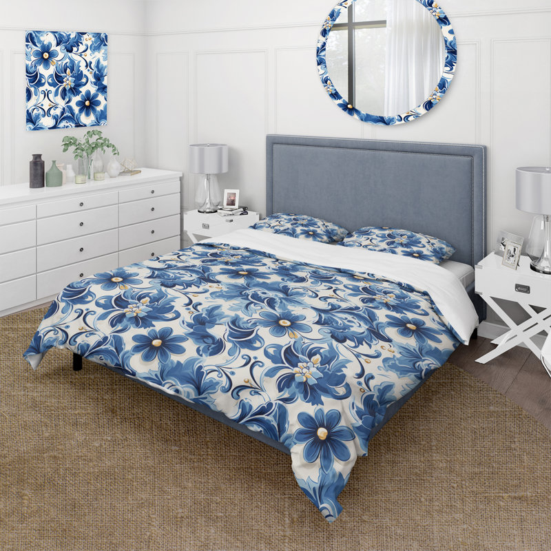 Literie de fleurs de tuiles bleues méditerranéennes, Housse de couette simple + 1 taie décorative stan