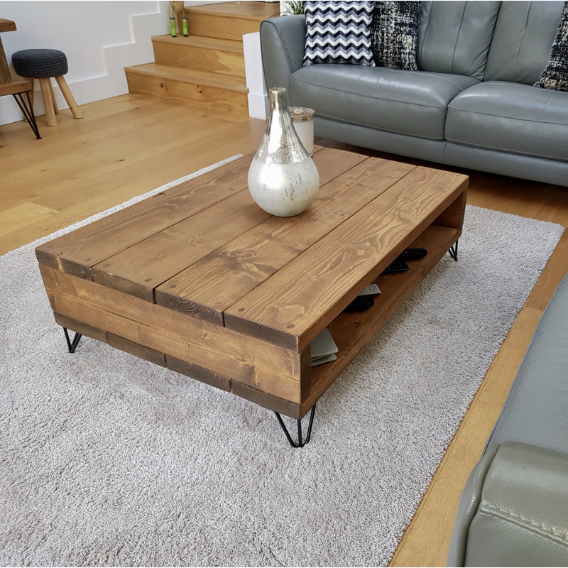 Hedger Solid Wood Four Leg Coffee Table with Storage, Medium Oak