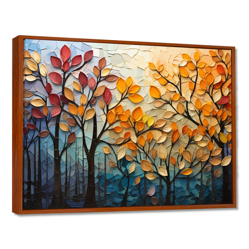 Leaves Autumnal Symphony Patchwork I - Décoration murale feuilles, H 34 po x l 44 po, Reproduction avec cadre flottant, Brun