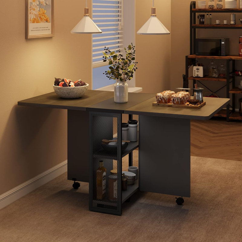 Space Saving Folding Dining Table With 2 Tier Storage-Extendable Drop Leaf Farmhouse Kitchen Dining Room Tables For 4, Collapsible Expandable Rectangle