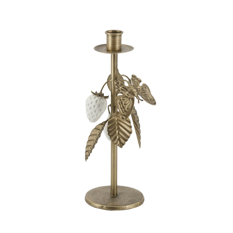 6.5X5.5X13" Iron Candle Holder With Gold Botanical Design And White Resin Berry Accents, 13" H x 6.5" W x 5.3" D